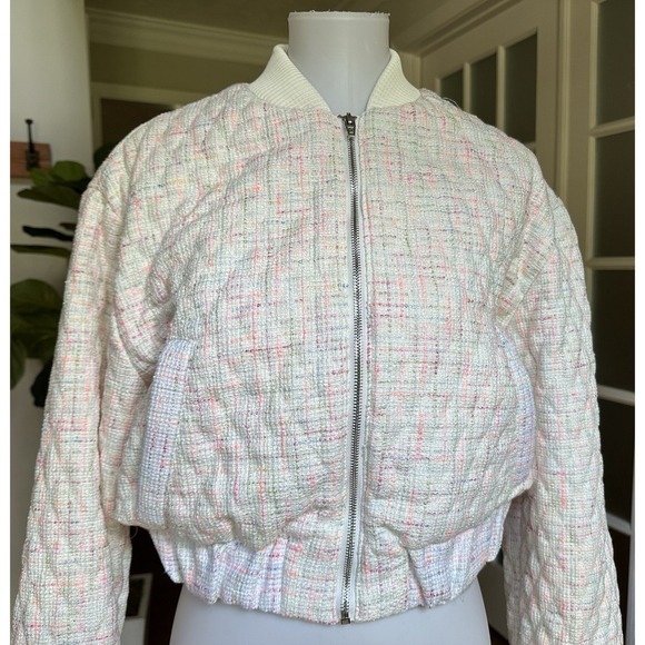 BLANKNYC Tweed Bomber Jacket Medium White Multicolor Zip Up Textured Womens $128 - Picture 7 of 13